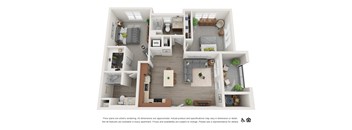 A floor plan of an apartment with a kitchen, living room, and bedrooms.