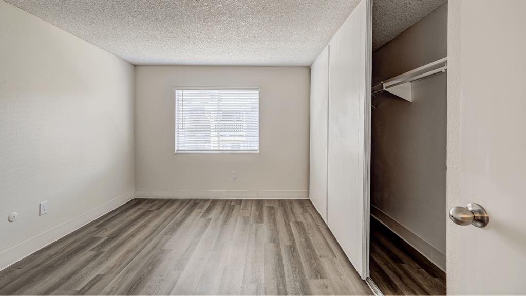 an empty bedroom with a closet and a window