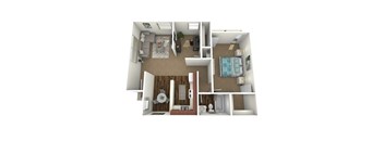 A 3D rendered image of a small apartment layout.