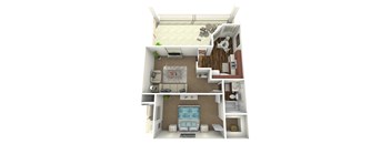 A 3D rendered image of a small apartment layout.