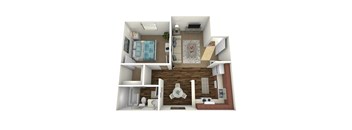 A 3D rendered image of a small apartment layout.