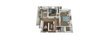 A 3D floor plan of a small apartment with a living room, kitchen, and bathroom.