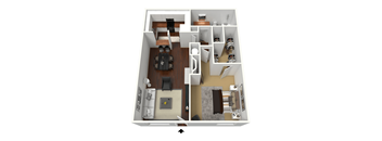a stylized floor plan with a bedroom and living room