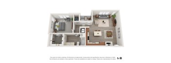 A 3D floor plan of a small apartment with a kitchen, living room, and bathroom.