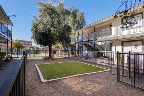 A small grassy area in front of a building with a fence around it.