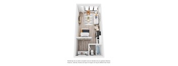A top-down view of a small, neatly organized apartment with a kitchen, living room, and bedroom.
