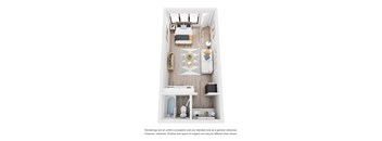 A top-down view of a small, neatly organized bedroom with a bed, desk, and chair.