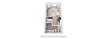 A top down view of a small bedroom with a bed, desk, and chair.