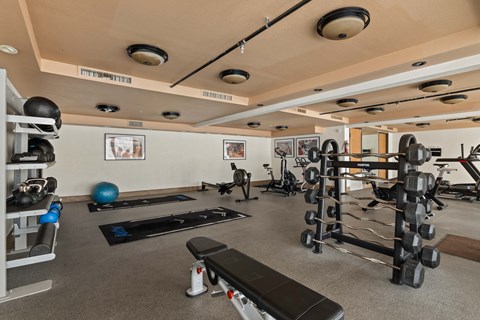 A gym with a variety of equipment including weights and exercise balls.