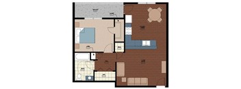 A floor plan of a house with a living room, kitchen, and bathroom.