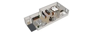 A drawing of a house with a bedroom, living room, and kitchen.