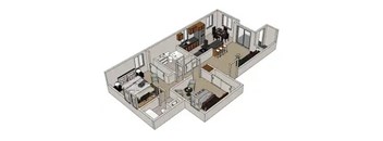 A 3D diagram of a house layout with a kitchen, living room, dining room, and two bedrooms.