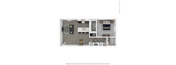 A drawing of a room with a couch, a chair, a table, a TV, a cabinet, and a plant.