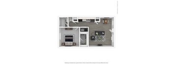 A floor plan of a two-bedroom apartment with a living room, kitchen, and bathroom.