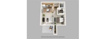 A floor plan of a small apartment with a kitchen, living room, and bathroom.