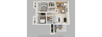 A floor plan of a small apartment with a kitchen, living room, and bedroom.