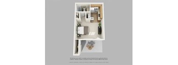 A floor plan of a small apartment with a kitchen, living room, and bathroom.