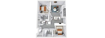 a 3d rendering of a floor plan with bedrooms and a living room