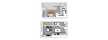 a stylized floor plan with a bedroom and living room