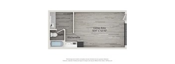 A floor plan of a small apartment with a living area, kitchenette, and bathroom.