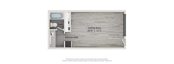 A rendering of a bathroom with a kitchenette and a living area.