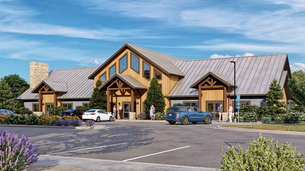 a rendering of a building with a parking lot and a street