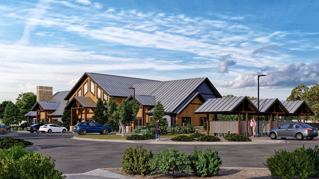 a rendering of a building with cars parked in front of it