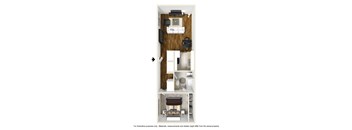 A floor plan of a small apartment with a kitchen, living room, and bathroom.