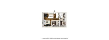 A 3D floor plan of a house with a kitchen, living room, and bedrooms.