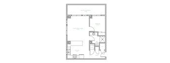 A floor plan of a small apartment with a living room, kitchen, and bedroom.