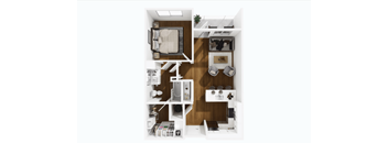 A top-down view of a small, neatly organized apartment with a bedroom, living room, and kitchen area.