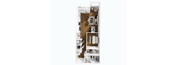 A top down view of a small apartment with a kitchen, living room and bathroom.