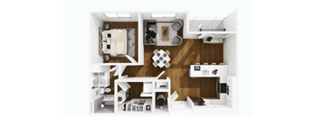 A top-down view of a modern, well-organized kitchen and living room.