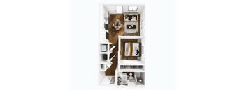 A top down view of a small apartment with a kitchen, living room and bathroom.
