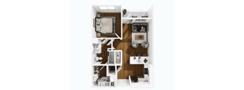 A top-down view of a small, well-organized apartment with a bedroom, living room, and kitchen area.