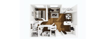A top-down view of a modern, minimalist apartment with a kitchen, living room, and bedroom.