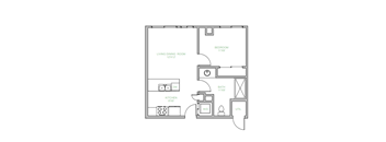 A floor plan of a small apartment with a living room, kitchen, bathroom, bedroom, and utility space.