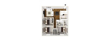 A 3D floor plan of a small apartment with a kitchen, living room, and two bedrooms.