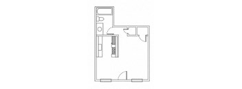 A floor plan of a kitchen with a sink, stove and refrigerator.