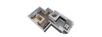 A 3D floor plan of a house with a kitchen, living room, and bathroom.