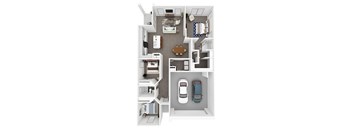 A 3D floor plan of a house with a kitchen, living room, dining room, and two bedrooms.