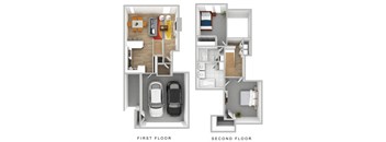 A diagram of a two-story apartment with a first and second floor.