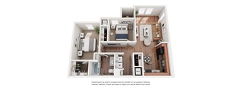 A 3D rendered image of a modern apartment layout.