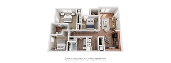 A 3D rendered image of a house layout with labeled rooms.