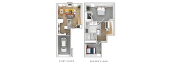 A diagram of a two-story house with labeled first and second floors.