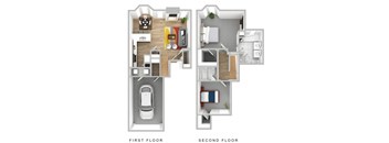 A diagram of a two-story house with labeled first and second floors.