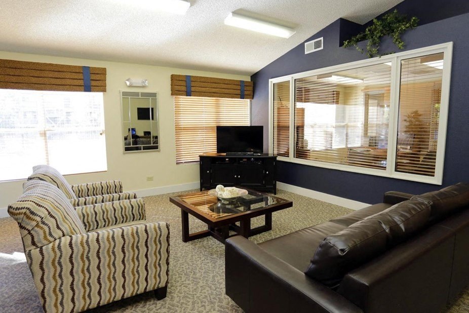 A living room with a striped chair, a brown couch, and a coffee table.