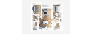 A top-down view of a modern kitchen and living room.