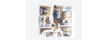 A top-down view of a modern apartment layout with a kitchen, living room, and bedrooms.