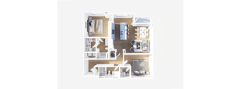 A top-down view of a well-organized apartment with a kitchen, living room, and bedroom.
